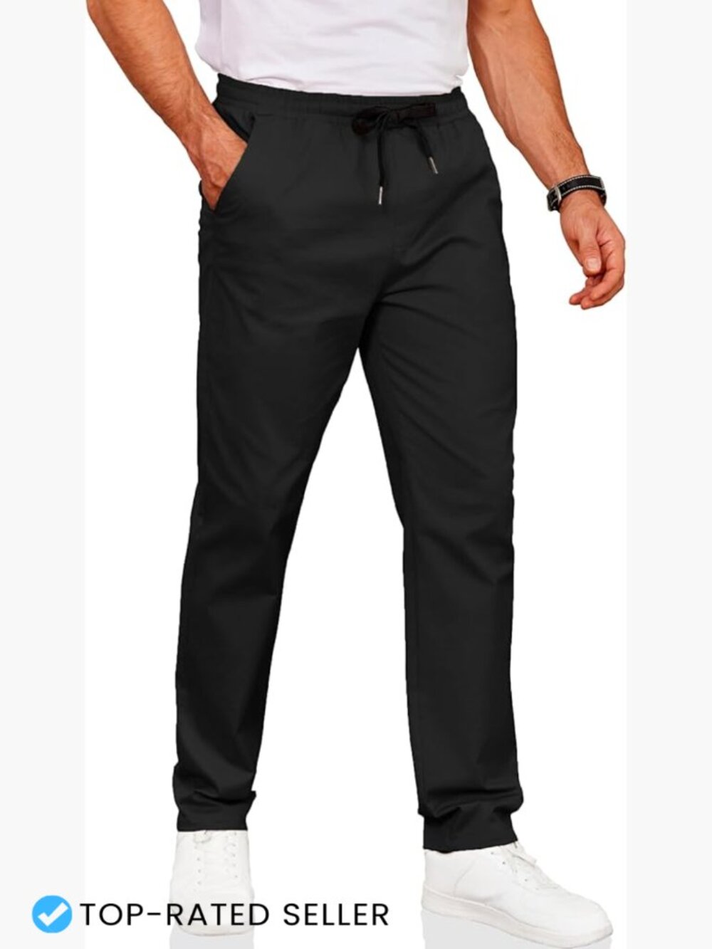 Men's Casual Chino Pants Elastic Waist Drawstring Straight Leg Classic Fit